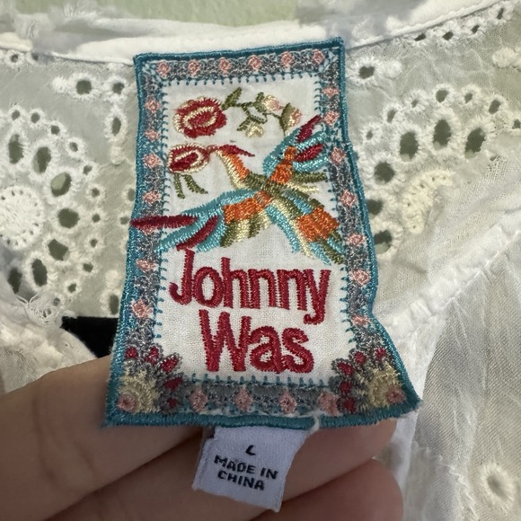 Johnny Was White Hyacinth Blouse Eyelet Lace Large short Sleeve Top Button Boho - Picture 3 of 16